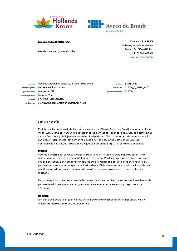 Brief inwoners/ondernemers 't Veld